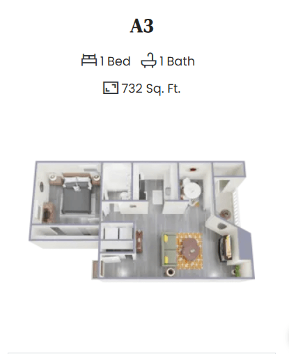 Floor plan for 1 bed, 1 bath, 732 sqft